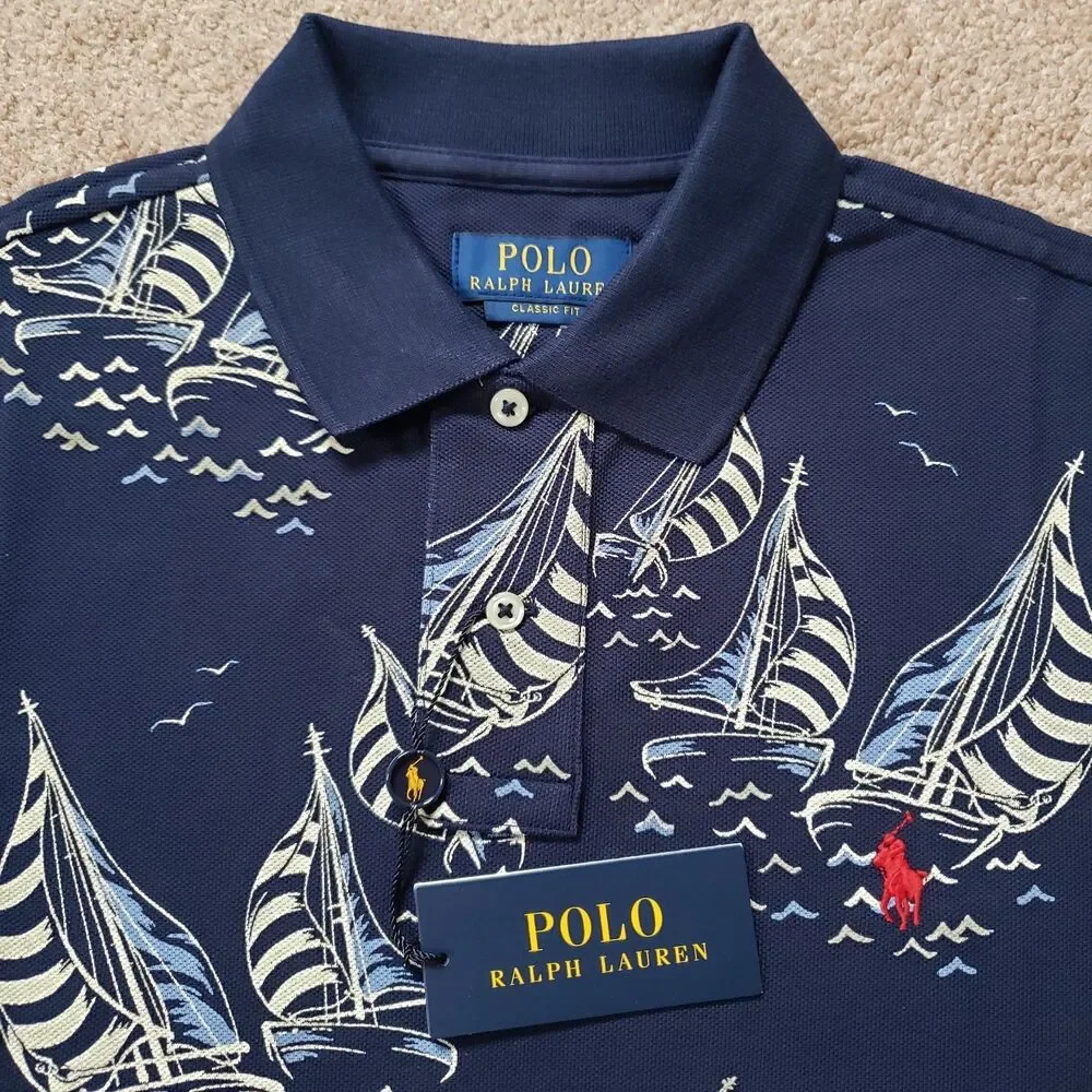 NWT Polo Ralph Lauren Newport Sailboats Size Medium Classic Fit Mens Navy Polo